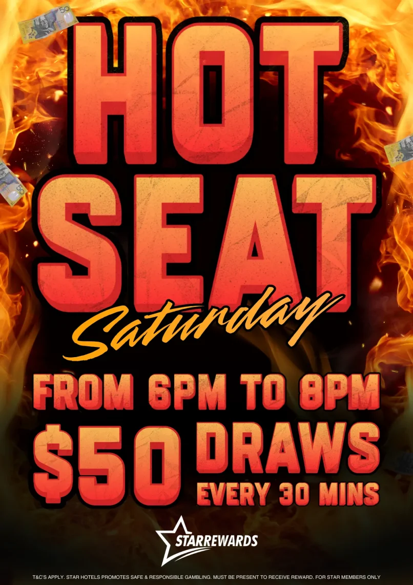 Hot Seat promotion poster at Pub on Palmer featuring bold flames and cash graphics promoting a member draw event in the gaming lounge.