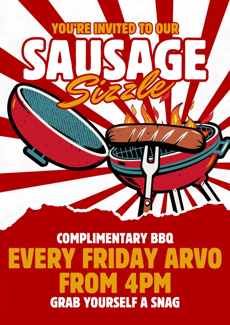 Pub on Palmer sausage sizzle promotion poster featuring a barbecue grill with sausages and flames offering complimentary BBQ every Friday from 4pm.